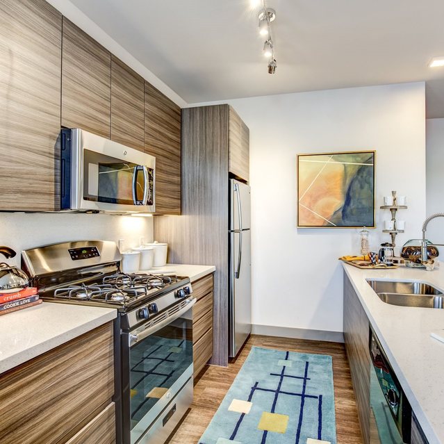 Douglas at Stonelake - Kitchen with Sleek Wood-Paneled Cabinets