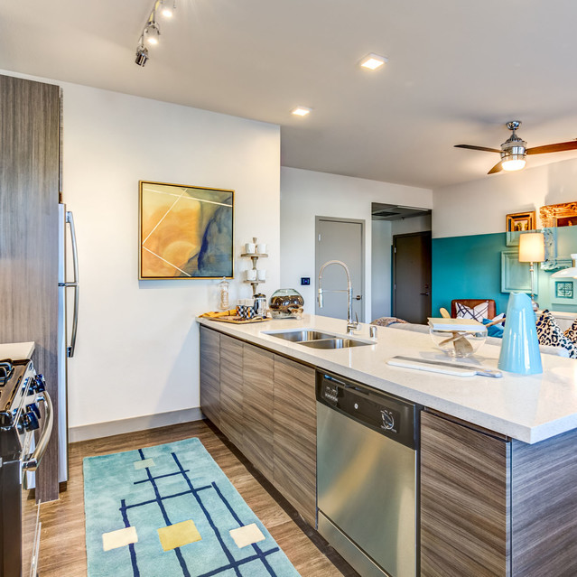Douglas at Stonelake - Kitchen with White Quartz Countertop and a Colorful Patterned Style Carpet